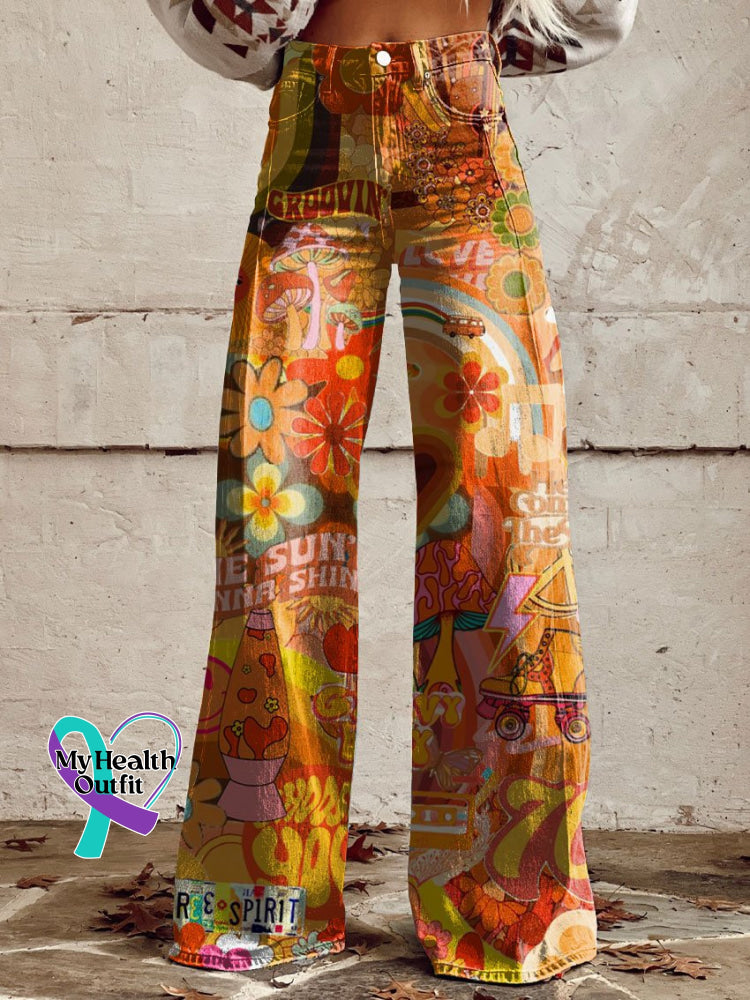 Groovy Retro Hippie Print Casual Wide Leg Pants Multicolor / Xs