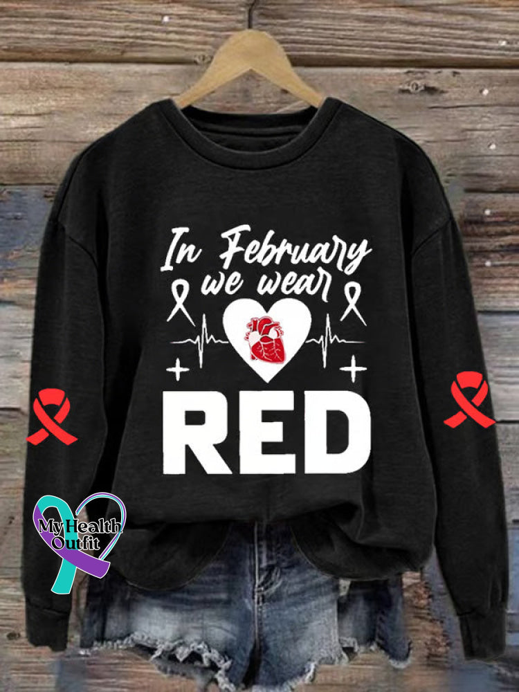 Heart Disease Awareness Art Print Casual Sweatshirt Black / S