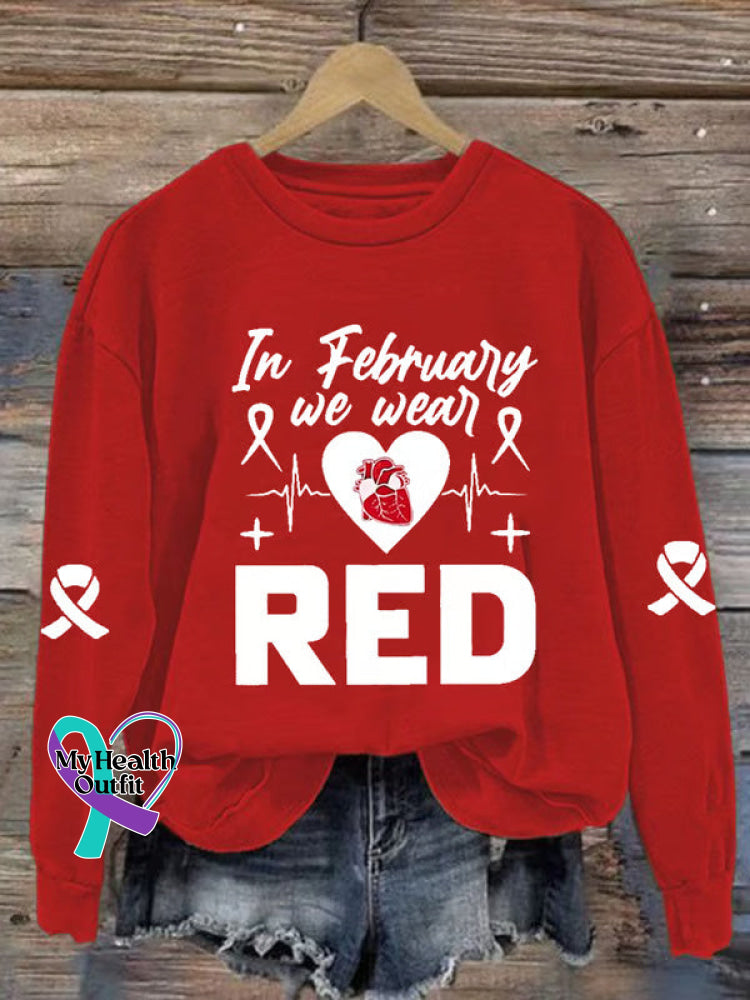 Heart Disease Awareness Art Print Casual Sweatshirt Red / S