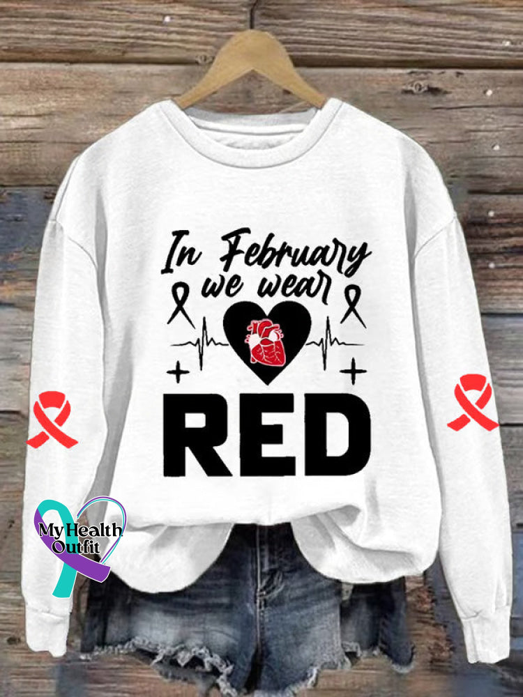 Heart Disease Awareness Art Print Casual Sweatshirt White / S