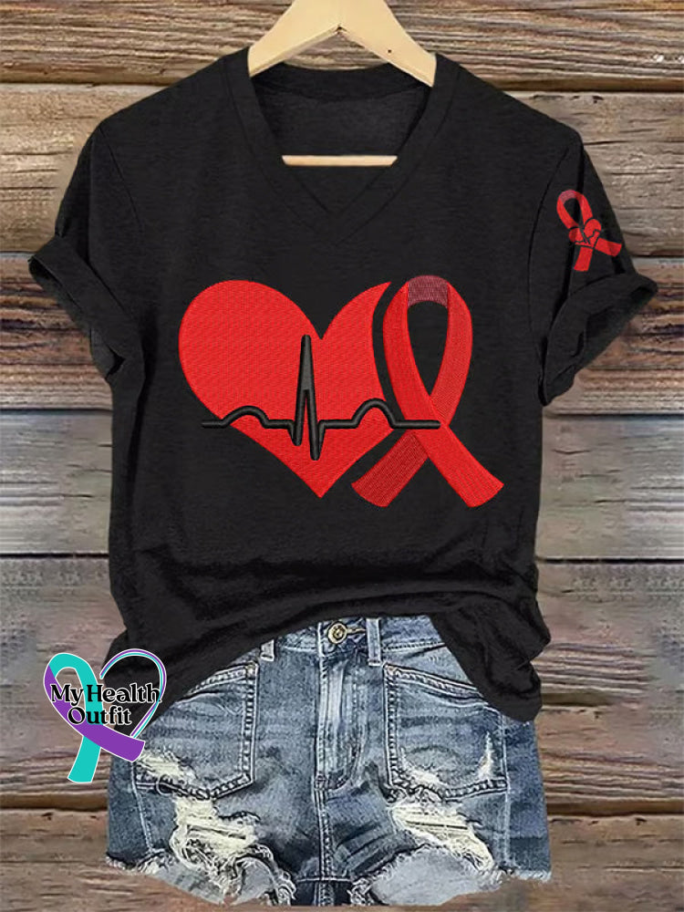 Heart Disease Awareness Art V-neck Casual T-Shirt Black / S