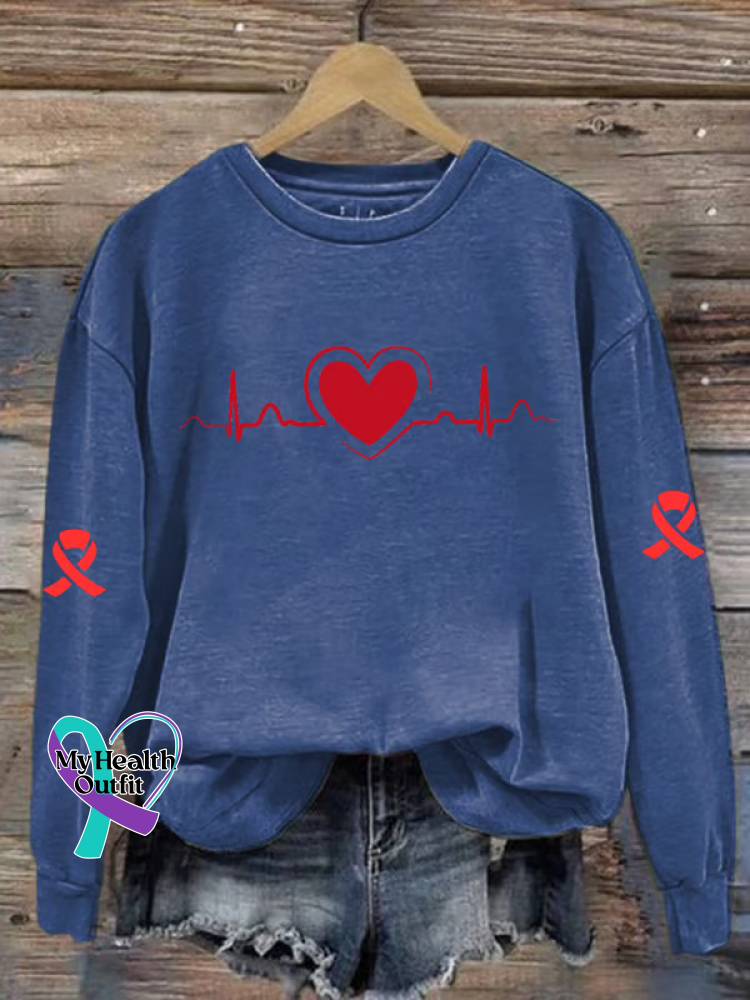 Heart Disease Awareness Print Casual Sweatshirt Blue / S