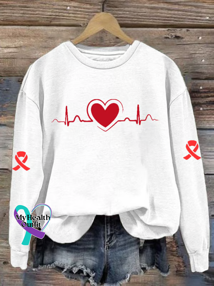 Heart Disease Awareness Print Casual Sweatshirt White / S