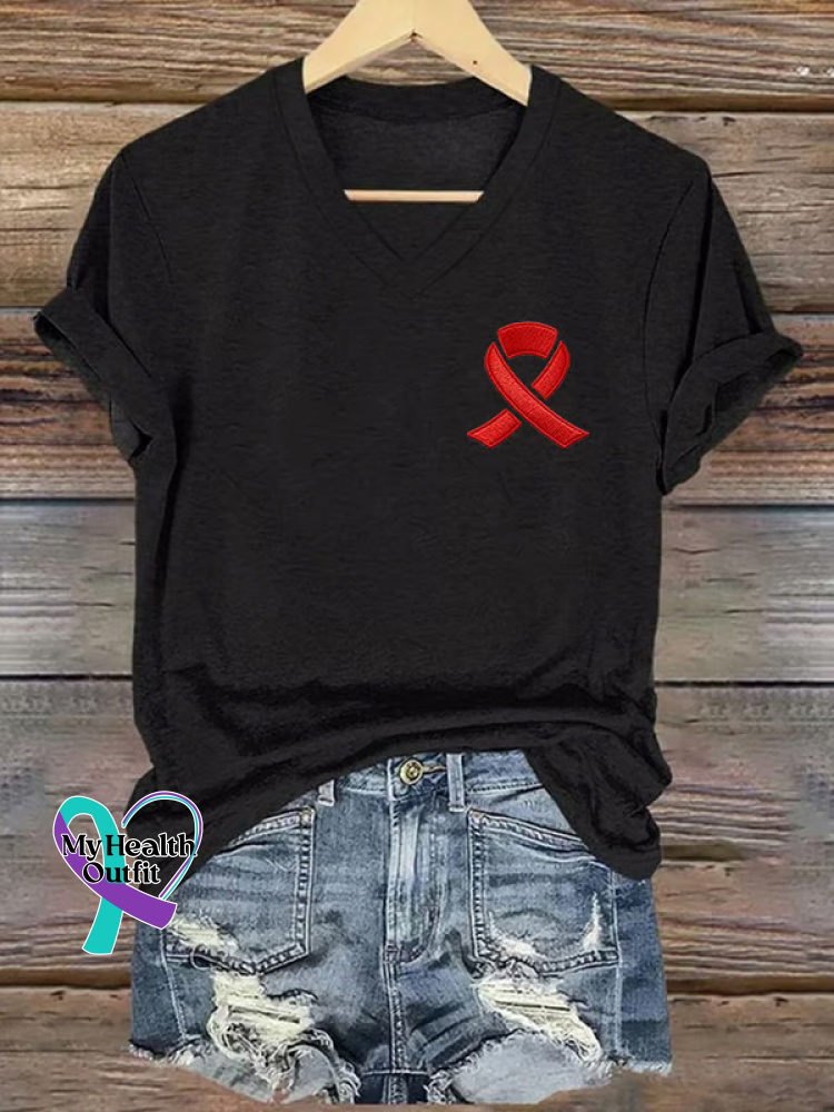 Heart Disease Awareness Ribbon V-neck Casual T-shirt Black / S