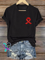 Heart Disease Awareness Ribbon V-neck Casual T-shirt Black / S