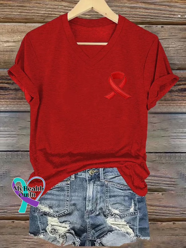 Heart Disease Awareness Ribbon V-neck Casual T-shirt Red / S