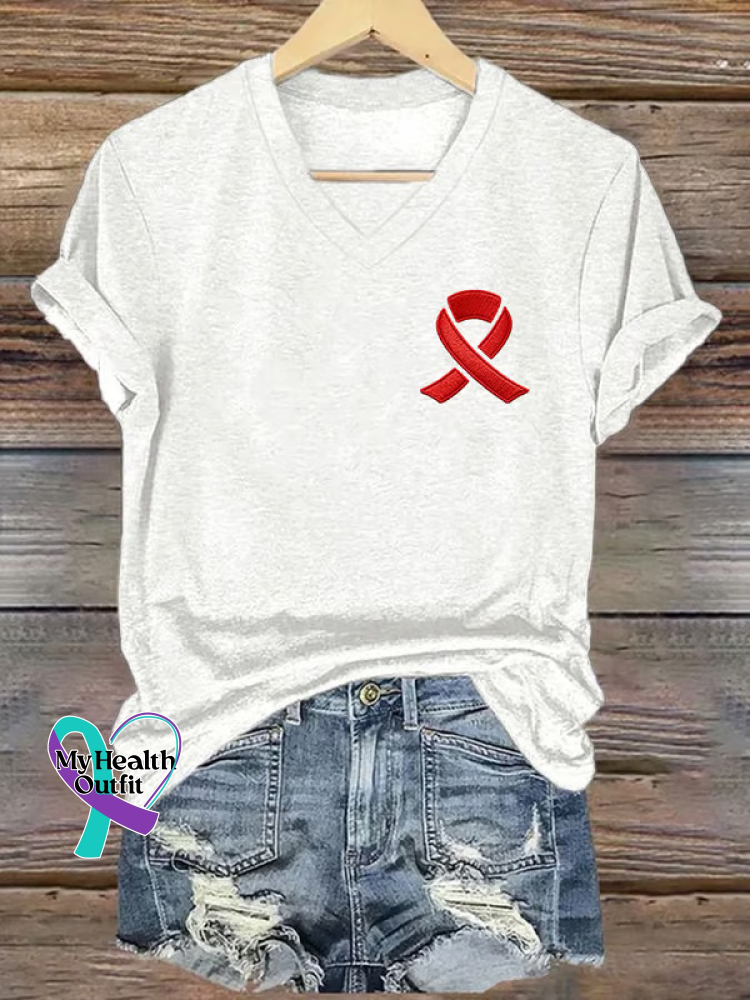 Heart Disease Awareness Ribbon V-neck Casual T-shirt White / S