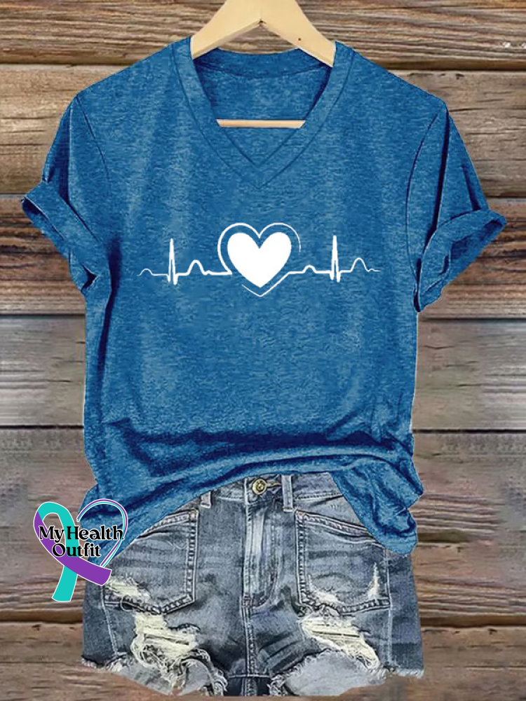 Heart Disease Awareness V-neck Casual T-shirt Blue / S