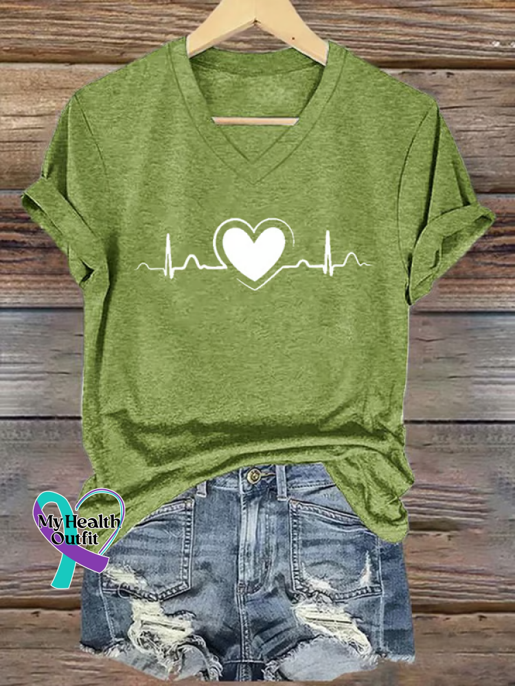 Heart Disease Awareness V-neck Casual T-shirt Green / S
