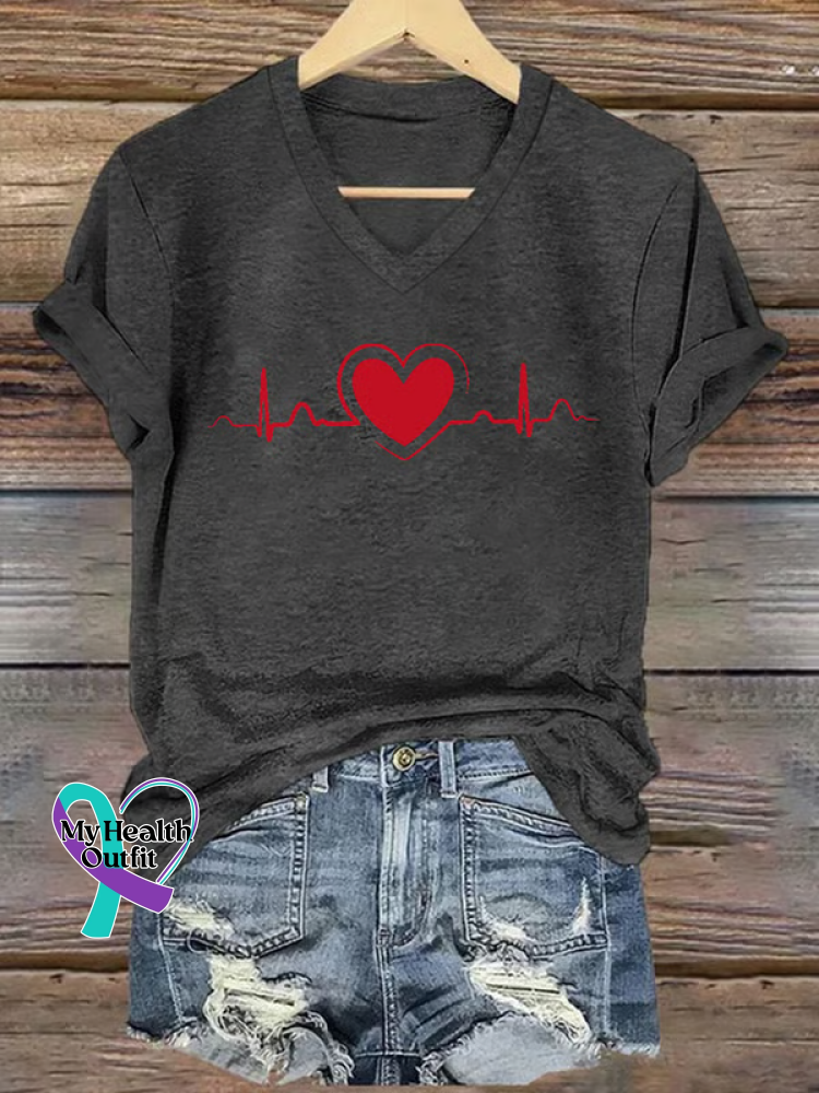 Heart Disease Awareness V-neck Casual T-shirt Grey / S