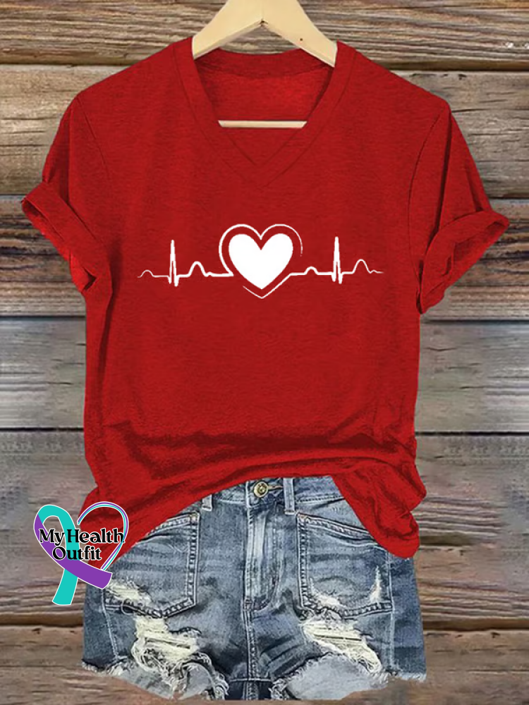 Heart Disease Awareness V-neck Casual T-shirt Red / S
