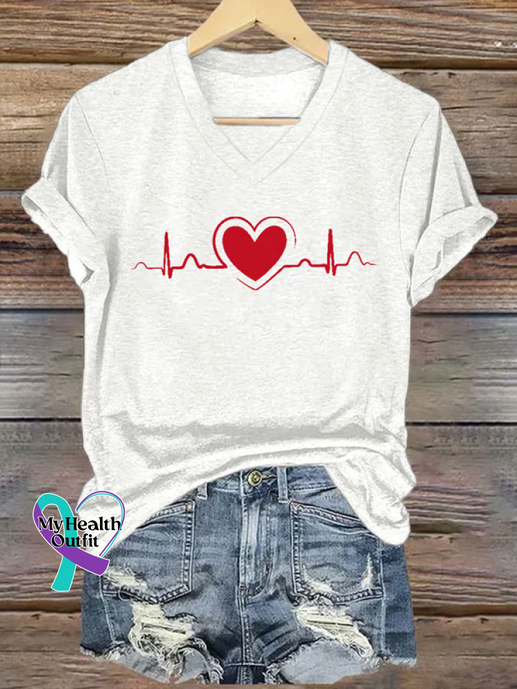 Heart Disease Awareness V-neck Casual T-shirt White / S