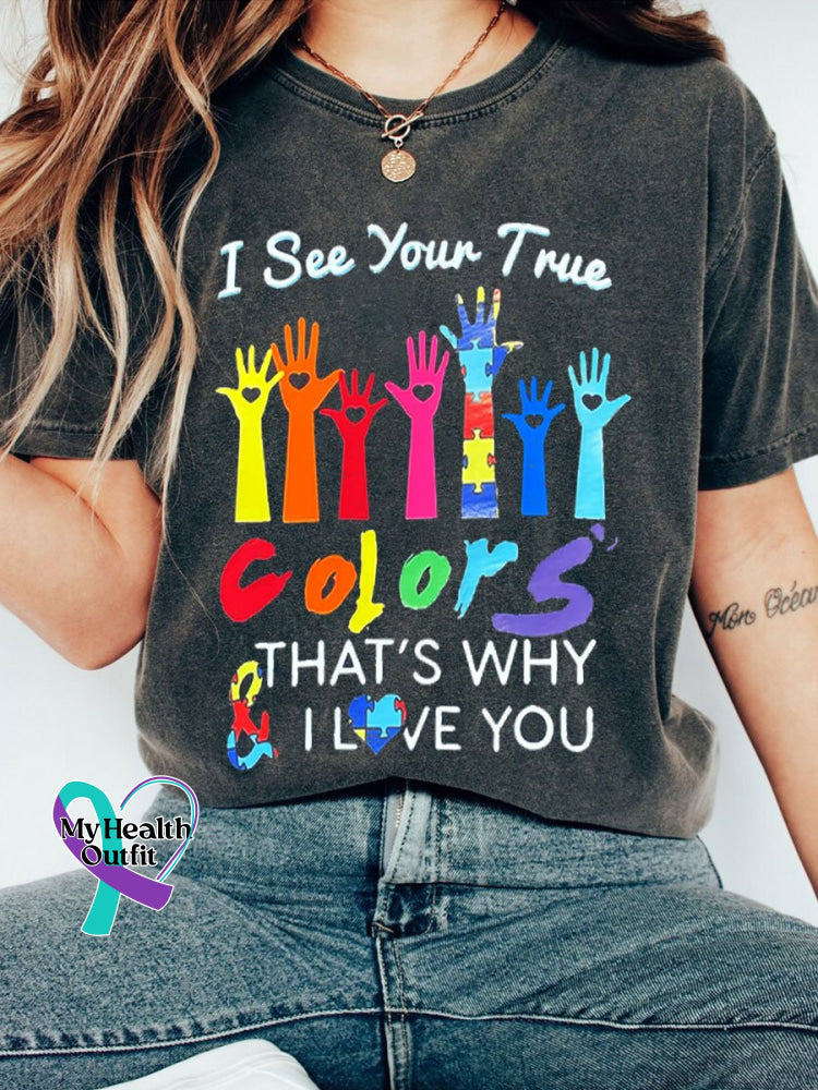 I See Your True Colors Hands Autism Awareness Month Print T-Shirt Charcoal Gray / S