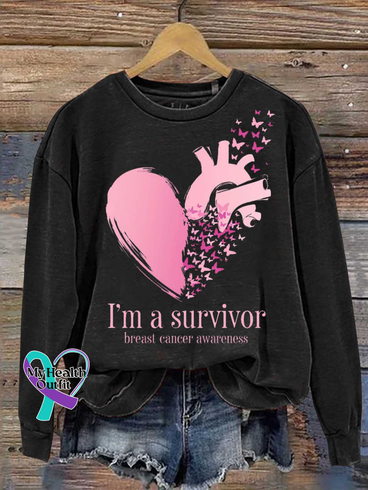I’m A Survivor Breast Cancer Awareness Print Casual Sweatshirt Black / S