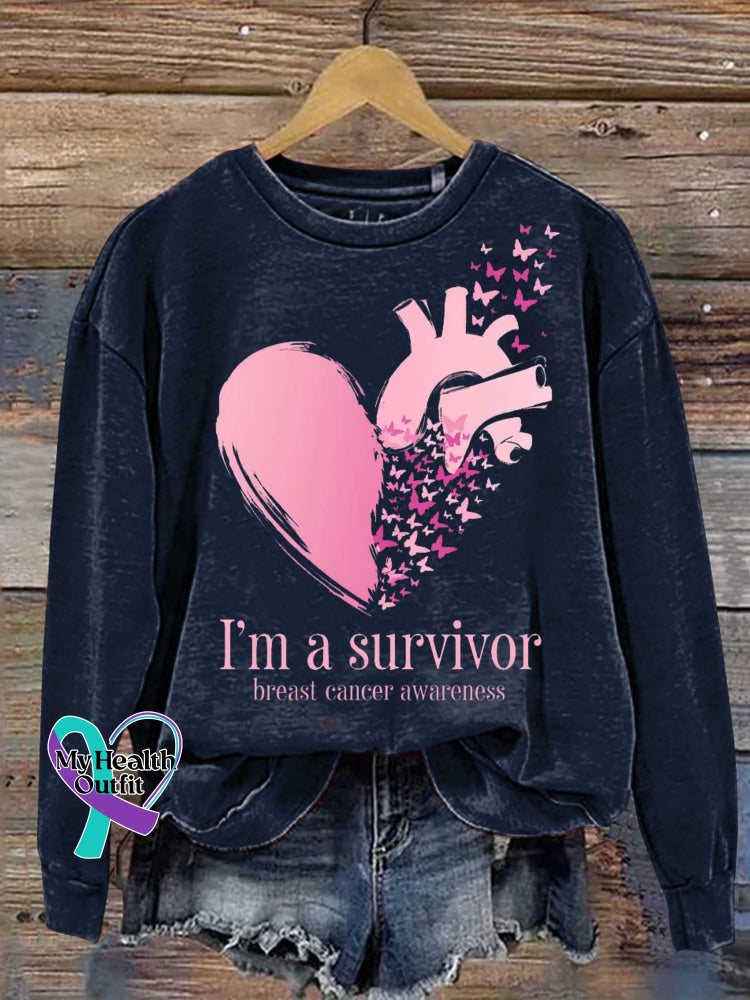 I’m A Survivor Breast Cancer Awareness Print Casual Sweatshirt Blue / S