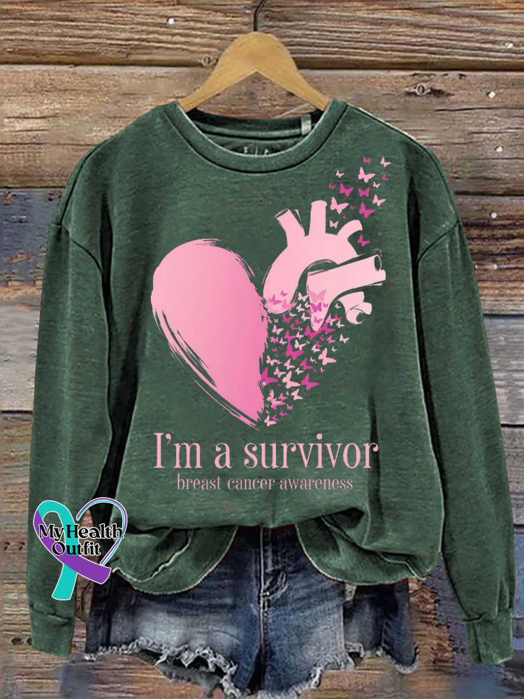 I’m A Survivor Breast Cancer Awareness Print Casual Sweatshirt Green / S