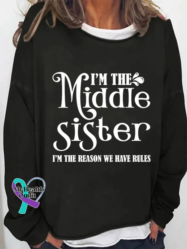 I’m The Middle Sister Print Long Sleeve Pullover Black / S