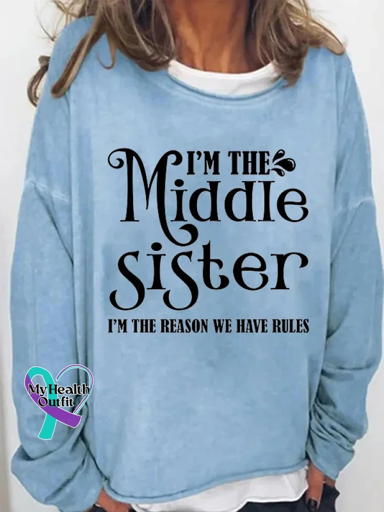 I’m The Middle Sister Print Long Sleeve Pullover Blue / S