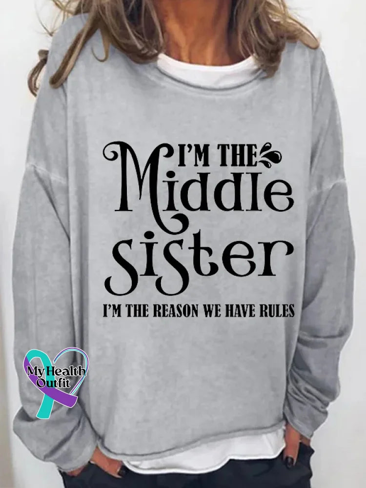 I’m The Middle Sister Print Long Sleeve Pullover Grey / S