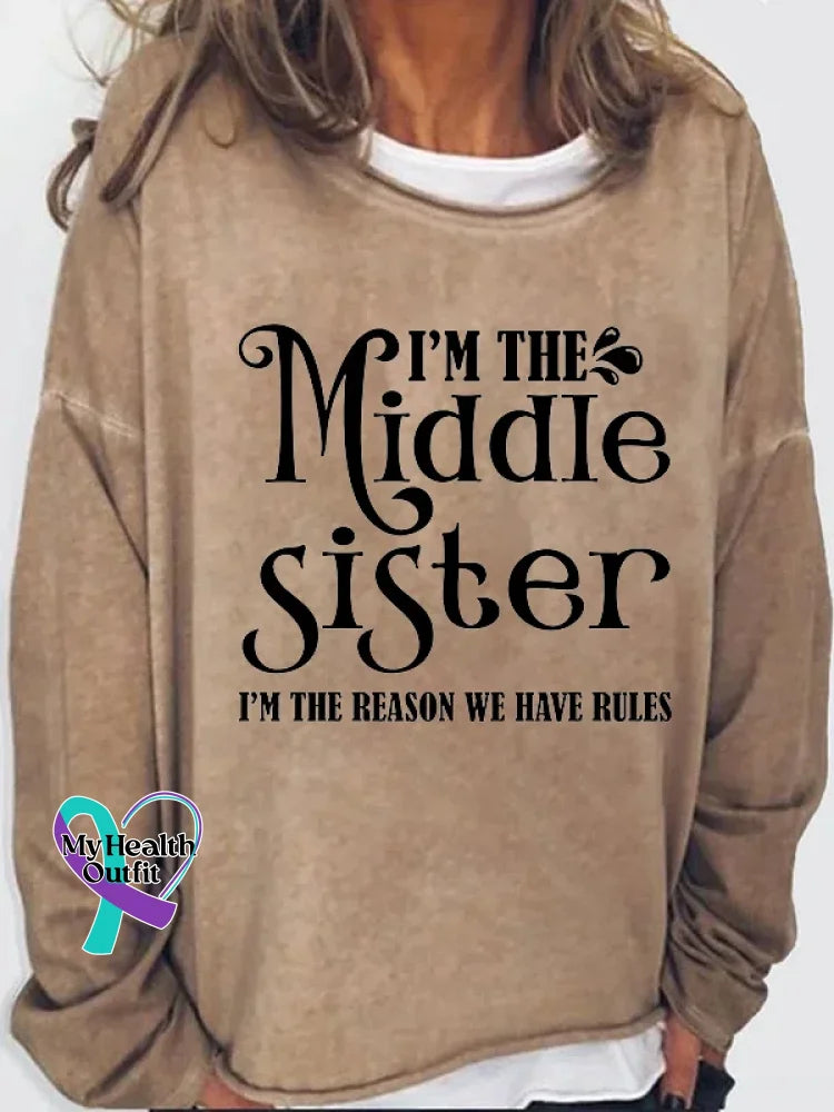 I’m The Middle Sister Print Long Sleeve Pullover Khaki / S