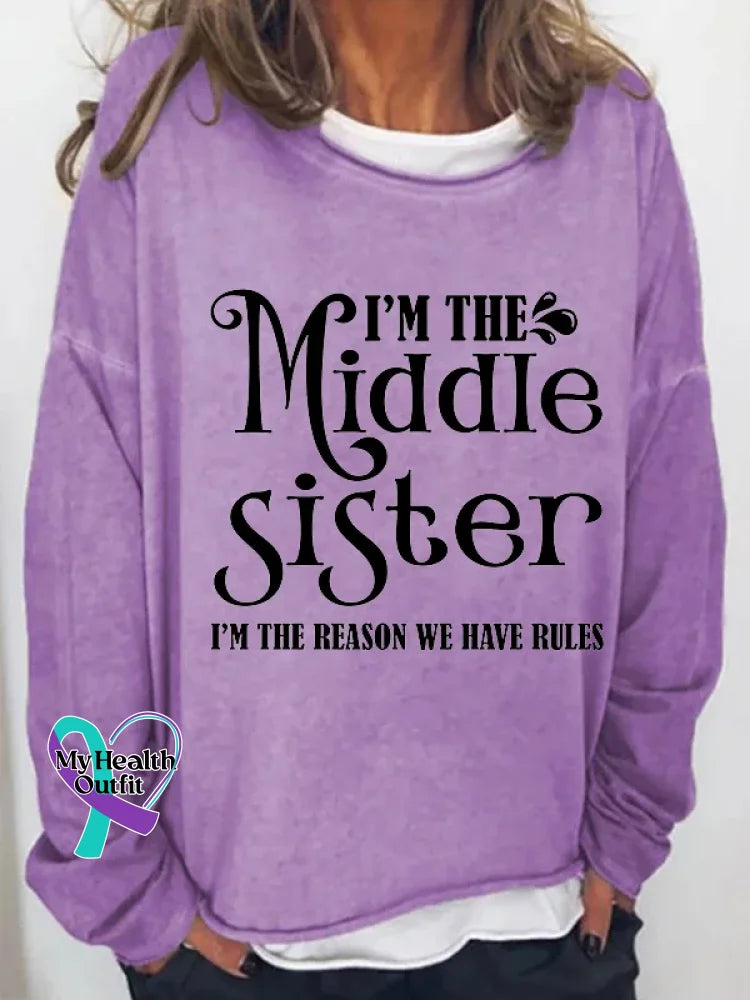 I’m The Middle Sister Print Long Sleeve Pullover Purple / S