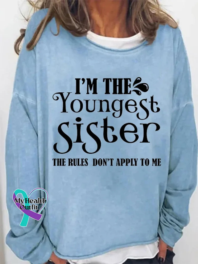 I’m The Youngest Sister Print Long Sleeve Pullover Blue / S