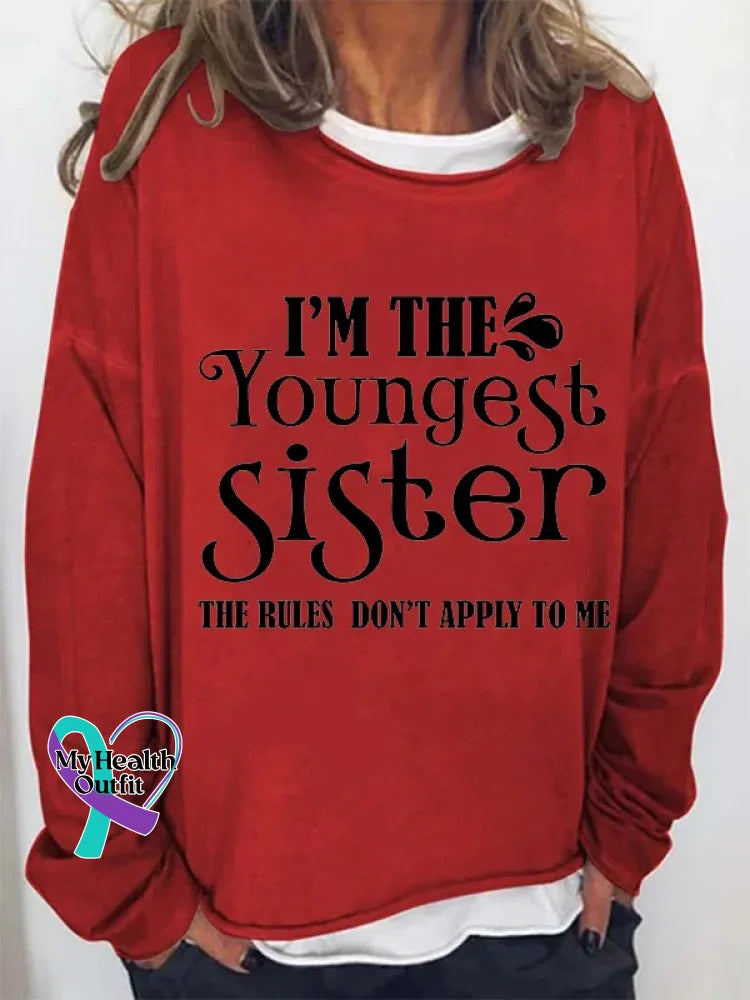 I’m The Youngest Sister Print Long Sleeve Pullover Red / S