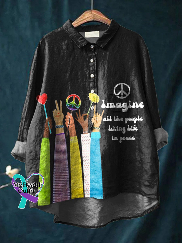 Imagine All The People Living Life In Peace Art Print Casual Cotton And Linen Shirt Black / S