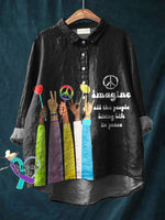Imagine All The People Living Life In Peace Art Print Casual Cotton And Linen Shirt Black / S