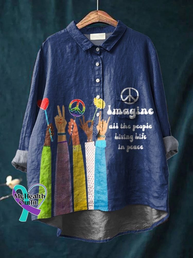 Imagine All The People Living Life In Peace Art Print Casual Cotton And Linen Shirt Blue / S
