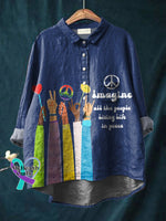 Imagine All The People Living Life In Peace Art Print Casual Cotton And Linen Shirt Blue / S
