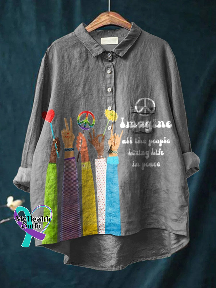 Imagine All The People Living Life In Peace Art Print Casual Cotton And Linen Shirt Grey / S