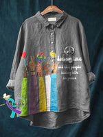 Imagine All The People Living Life In Peace Art Print Casual Cotton And Linen Shirt Grey / S