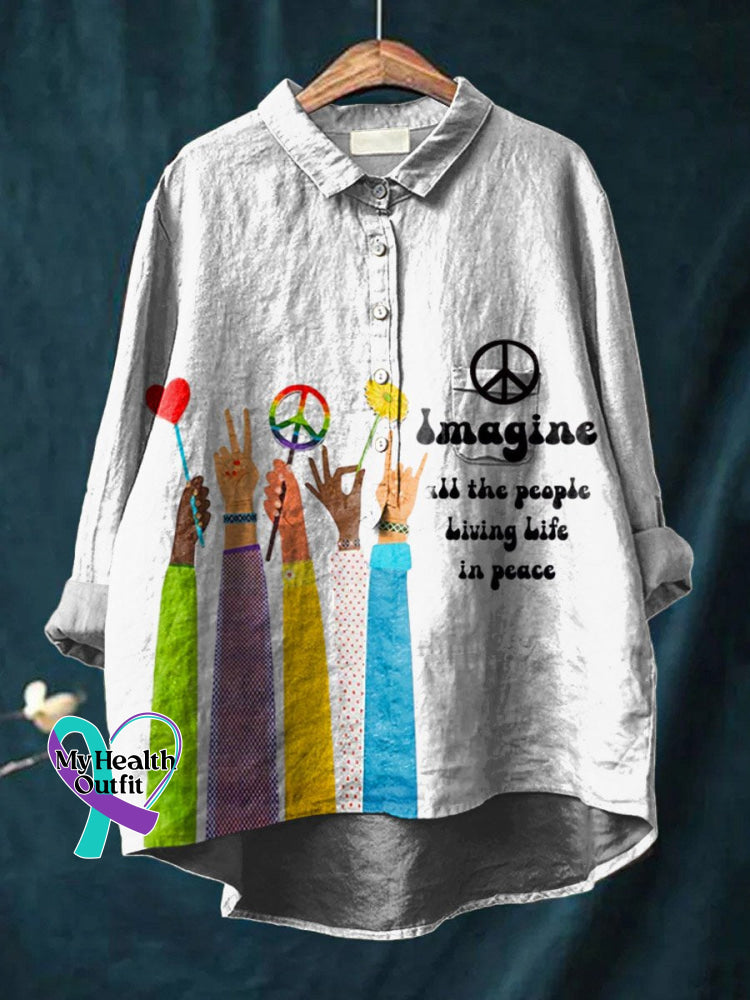 Imagine All The People Living Life In Peace Art Print Casual Cotton And Linen Shirt White / S