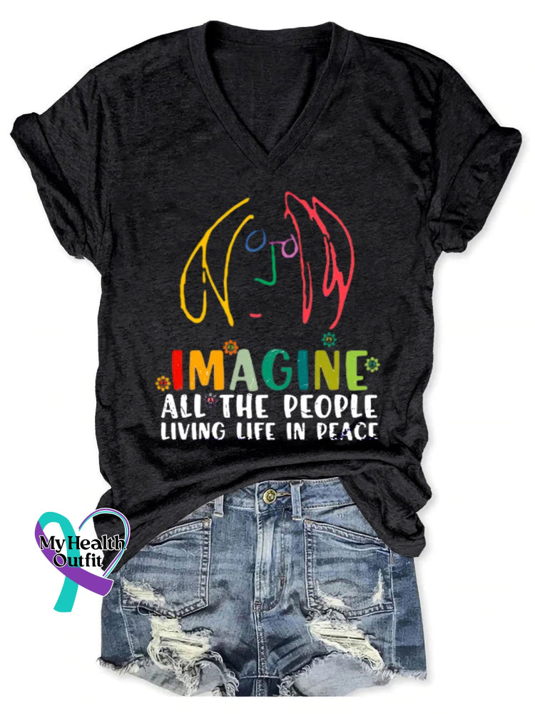 Imagine All The People Living Life In Peace Art Print V-Neck Casual T-Shirt Black / S
