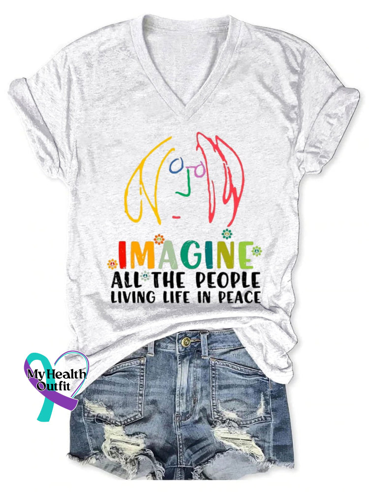 Imagine All The People Living Life In Peace Art Print V-Neck Casual T-Shirt White / S