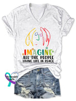 Imagine All The People Living Life In Peace Art Print V-Neck Casual T-Shirt White / S