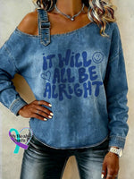 It Will All Be Alright Art Casual One-Shoulder Slogan Denim Sweatshirt Blue / S