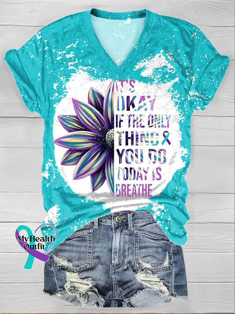 It’s Okay Sunflower Print Short Sleeve T-Shirt Blue-Green / S