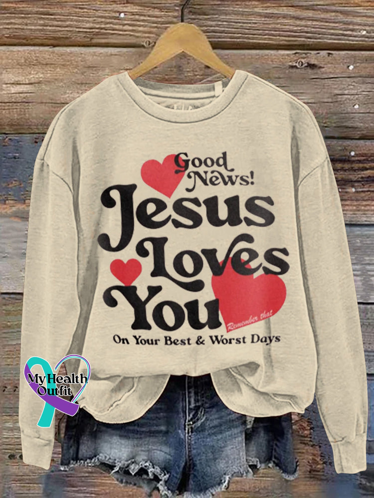 Jesus Loves You Printed Casual Sweatshirt Beige / S
