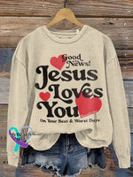 Jesus Loves You Printed Casual Sweatshirt Beige / S