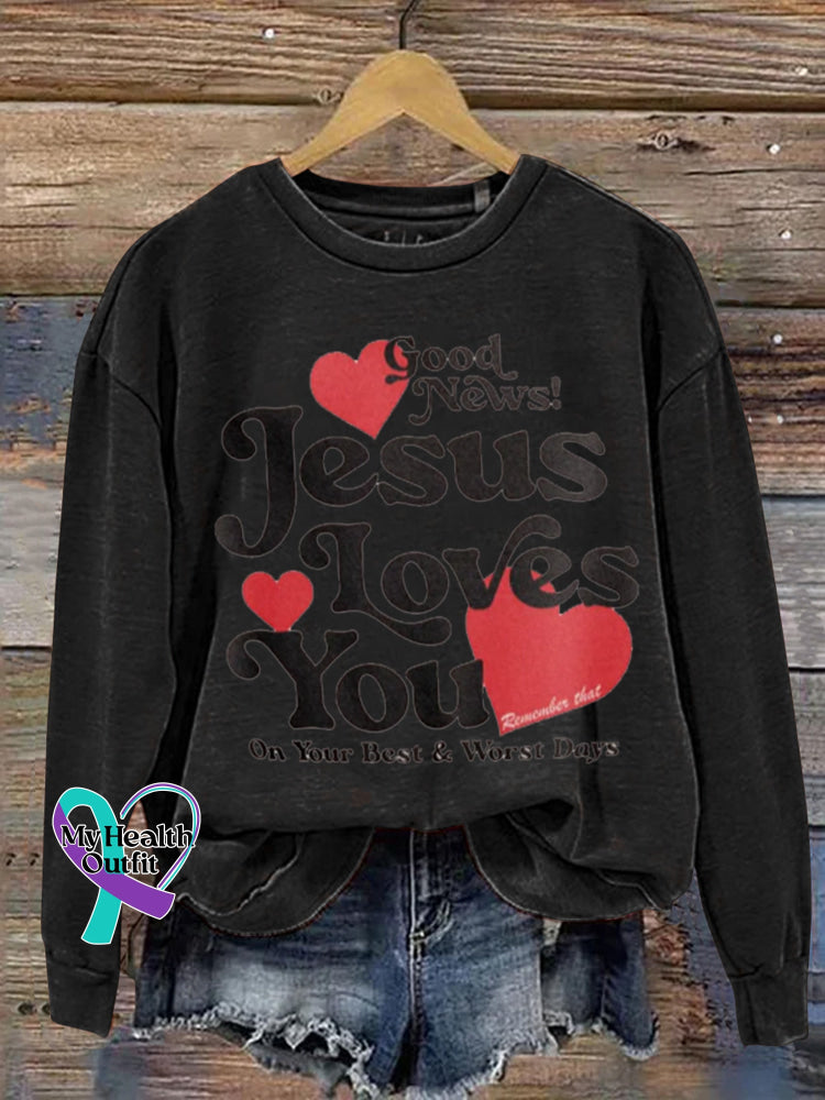 Jesus Loves You Printed Casual Sweatshirt Black / S