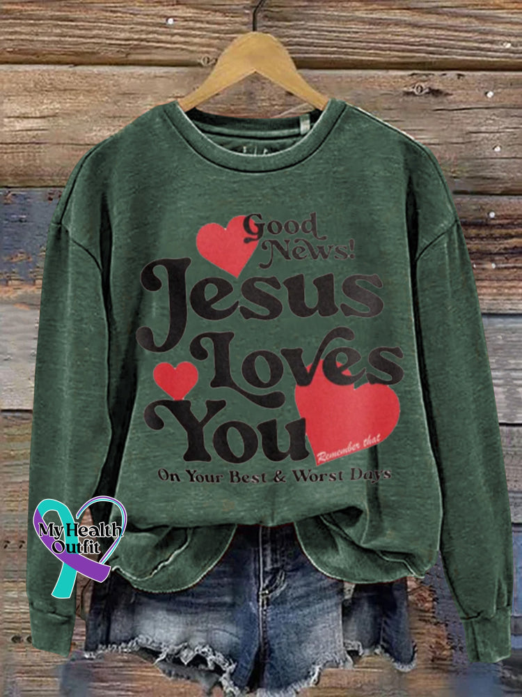 Jesus Loves You Printed Casual Sweatshirt Green / S
