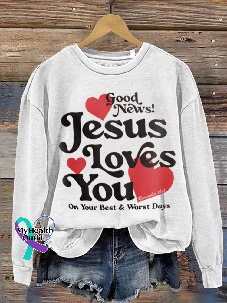 Jesus Loves You Printed Casual Sweatshirt White / S