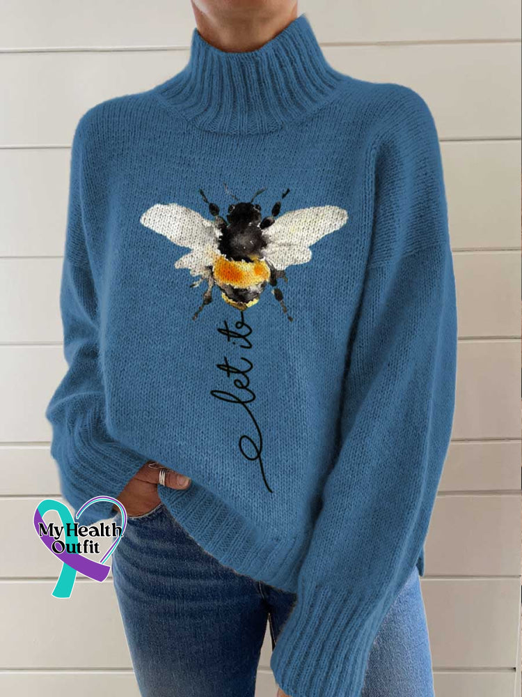 Let It Bee Art Print Knit Turtleneck Pullover Sweater Blue / S