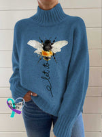 Let It Bee Art Print Knit Turtleneck Pullover Sweater Blue / S