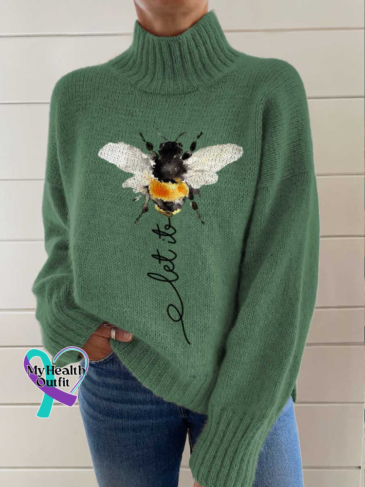 Let It Bee Art Print Knit Turtleneck Pullover Sweater DarkGreen / S