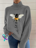Let It Bee Art Print Knit Turtleneck Pullover Sweater Grey / S