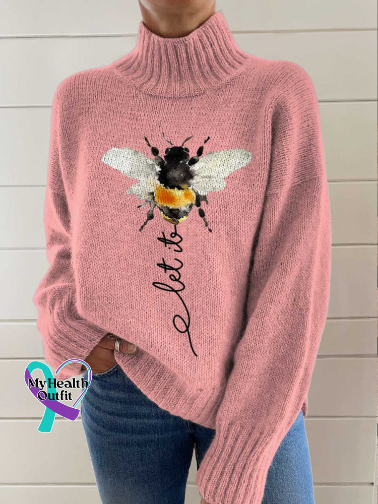 Let It Bee Art Print Knit Turtleneck Pullover Sweater Pink / S