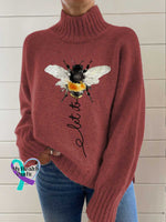 Let It Bee Art Print Knit Turtleneck Pullover Sweater Red / S